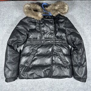 Vtg Juicy Couture Fur Hooded Puffer Jacket Girls Size 12 Black Grey Full Zip y2k